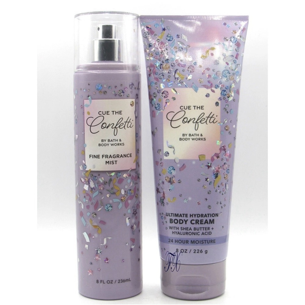 BATH & BODY WORKS CUE THE CONFETTI FRAGRANCE MIST & BODY CREAM SET 8OZ Each